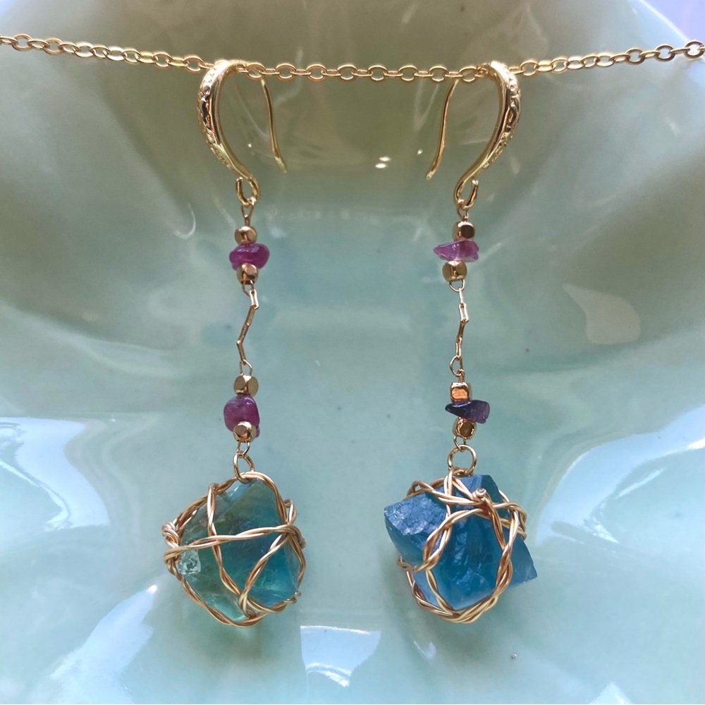 Gold and Blue Fluorite Octahedron Dangle Earrings E10